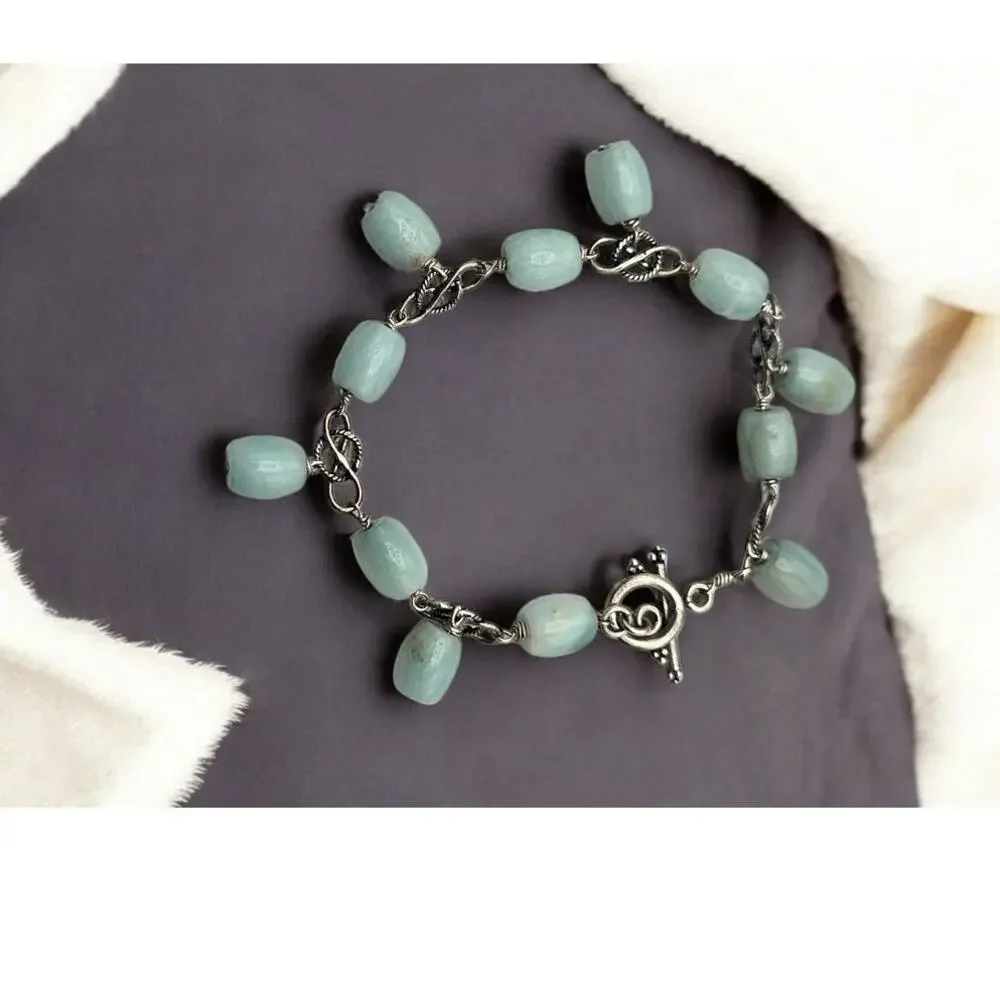 Soft Blue Tones & Silver Accent Vintage Beaded Stone Charm Bracelet – Boho Chic